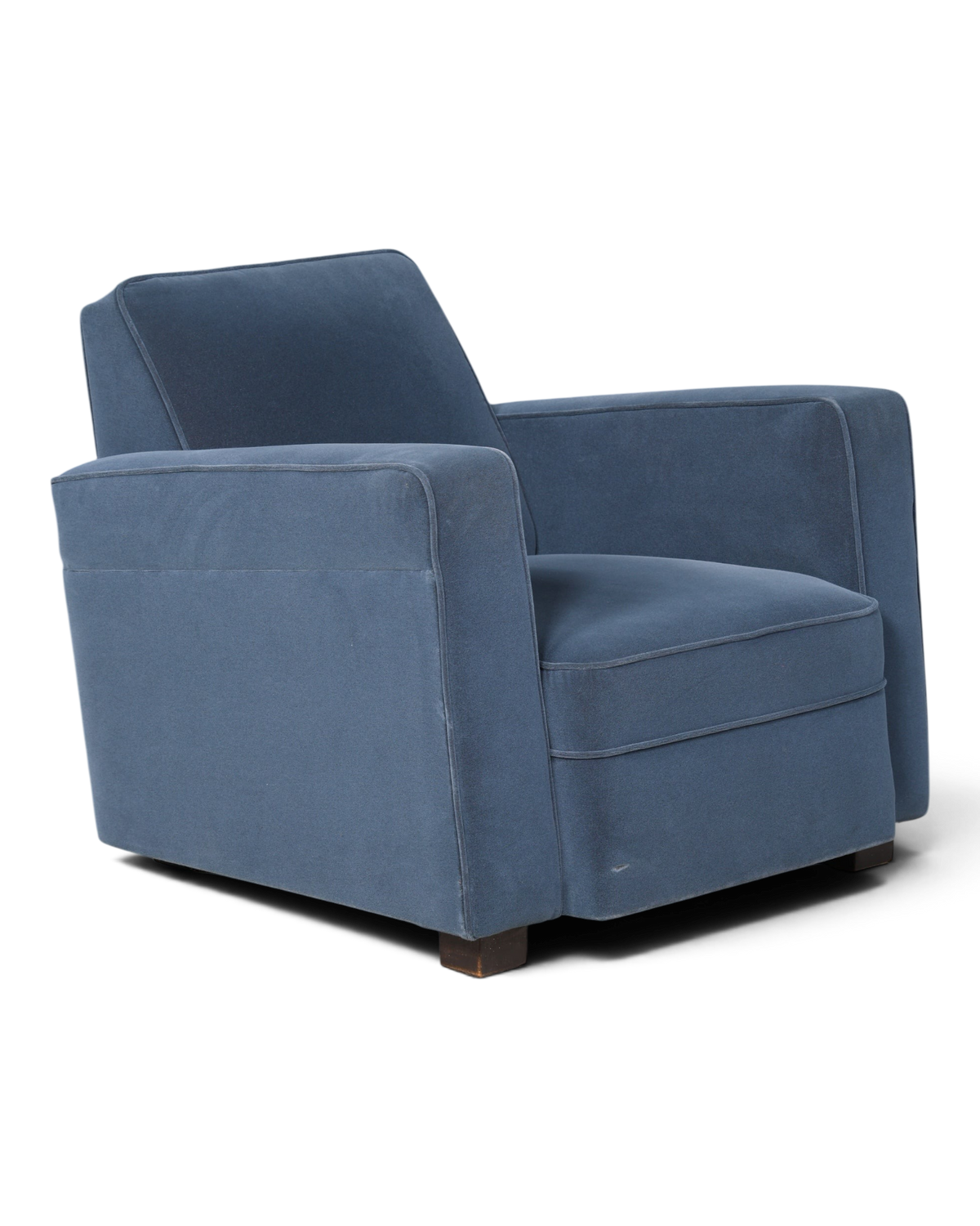 Hauptstadt Möblerei H873 Sessel in blauem Samt mit modernem Design und dunklen Holzfüßen