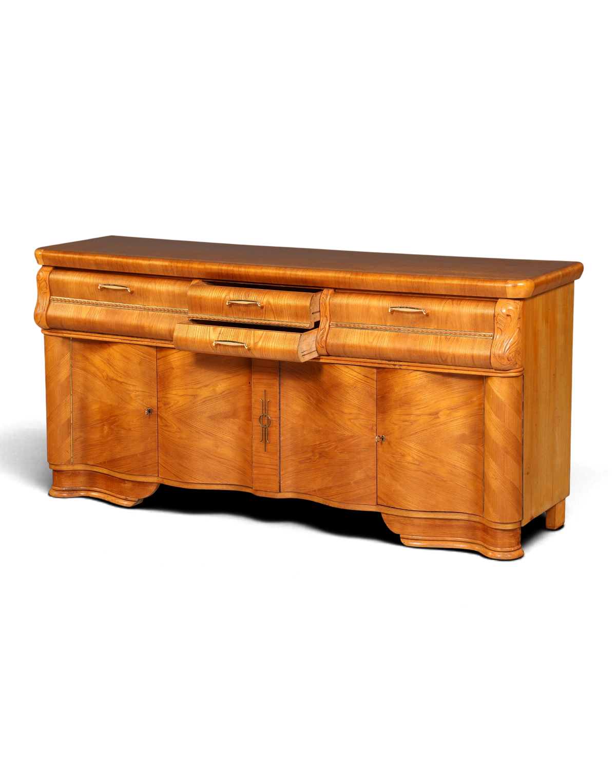 Hauptstadt Möblerei Anrichte aus hellem Holz im Art-Déco-Stil mit geschwungenen Fronten und goldenen Griffen