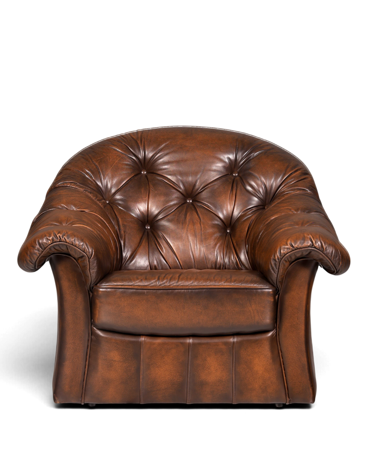 Hauptstadt Möblerei Chesterfield Ledersessel in Braun mit Knopfheftung und geschwungenen Armlehnen im Vintage-Stil