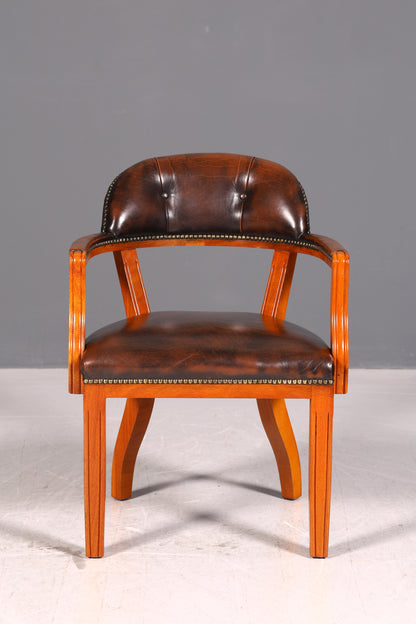 Wunderschöner Chesterfield Armlehnstuhl Braun Echt Leder Englisch Bürostuhl Schreibtischstuhl Sekretär Stuhl Court Chair 3 von 4