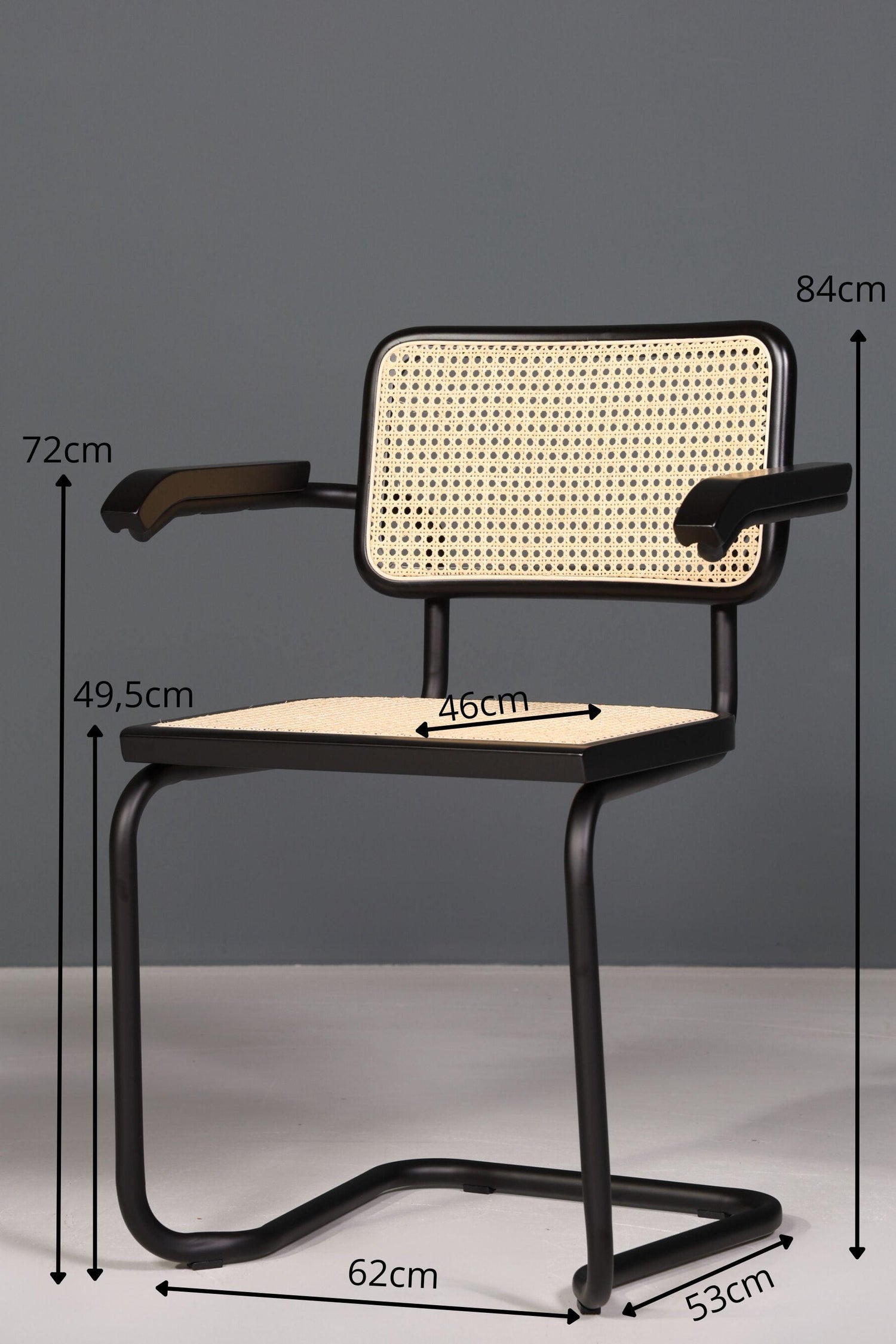 Freischwinger Armlehnstuhl "Milano" Made in Italy Schwarz Korbgeflecht Stuhl Wippstuhl Sekretär Stuhl Küchenstuhl