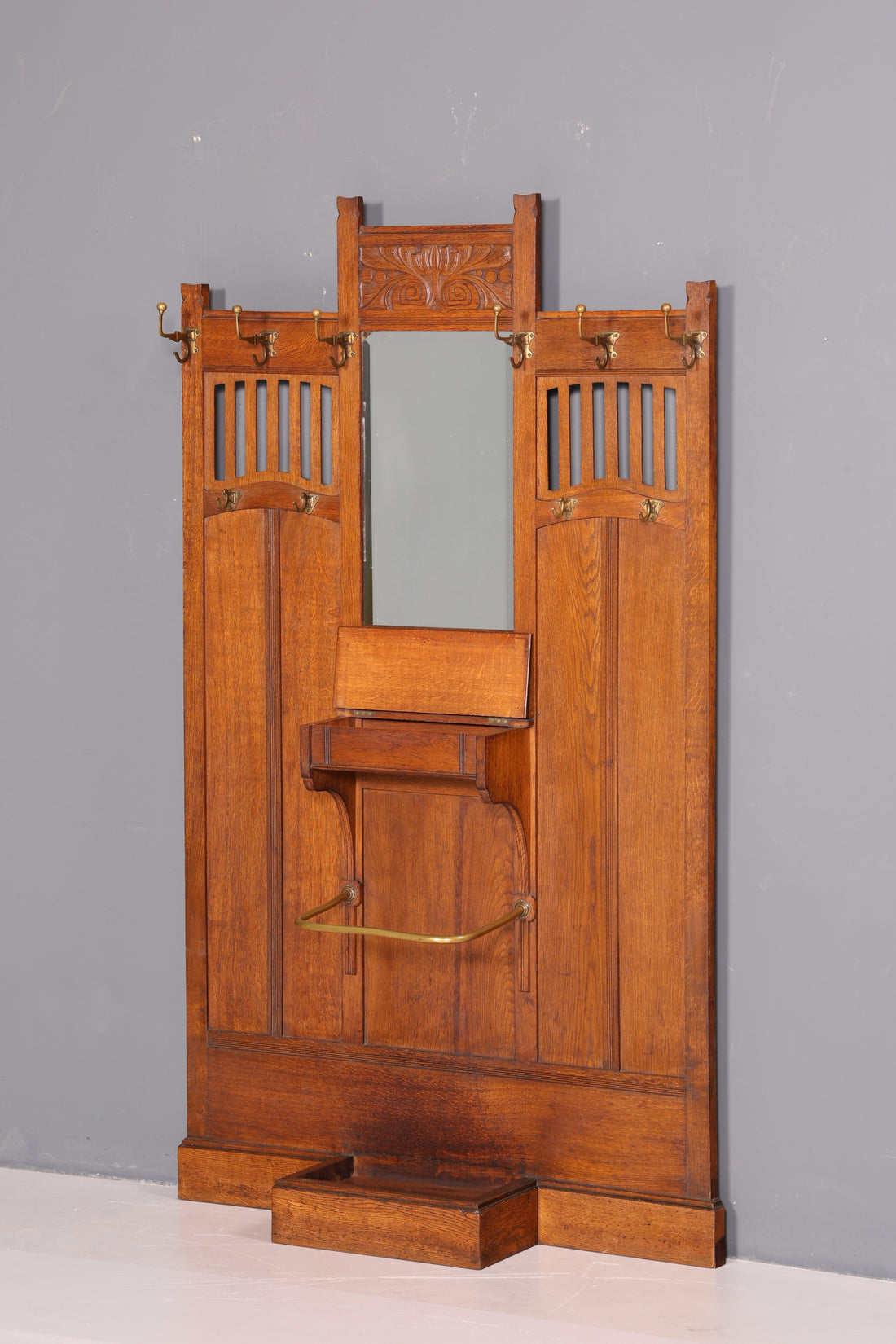 Dreamlike Art Nouveau Hallway Coat Rack Clothes Wall Antique Gründerzeit Mirror Facet Cut Solid Wood