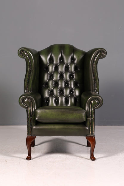 Wunderschöner Original Chesterfield Ohrensessel Grün Echt Leder Kingsgate Englisch Ohrenbackensessel Herrensessel UK