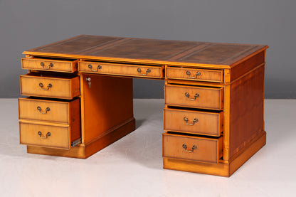 Wunderschöner Original Heldense Englischer Schreibtisch Eibe Echt Lederauflage Antik Stil Chefschreibtisch Bürotisch Partner Desk