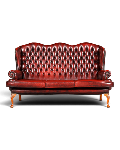 Hauptstadt Möblerei Chesterfield 3er Sofa aus rotem Echtleder mit Knopfheftung und geschwungenen Holzfüßen