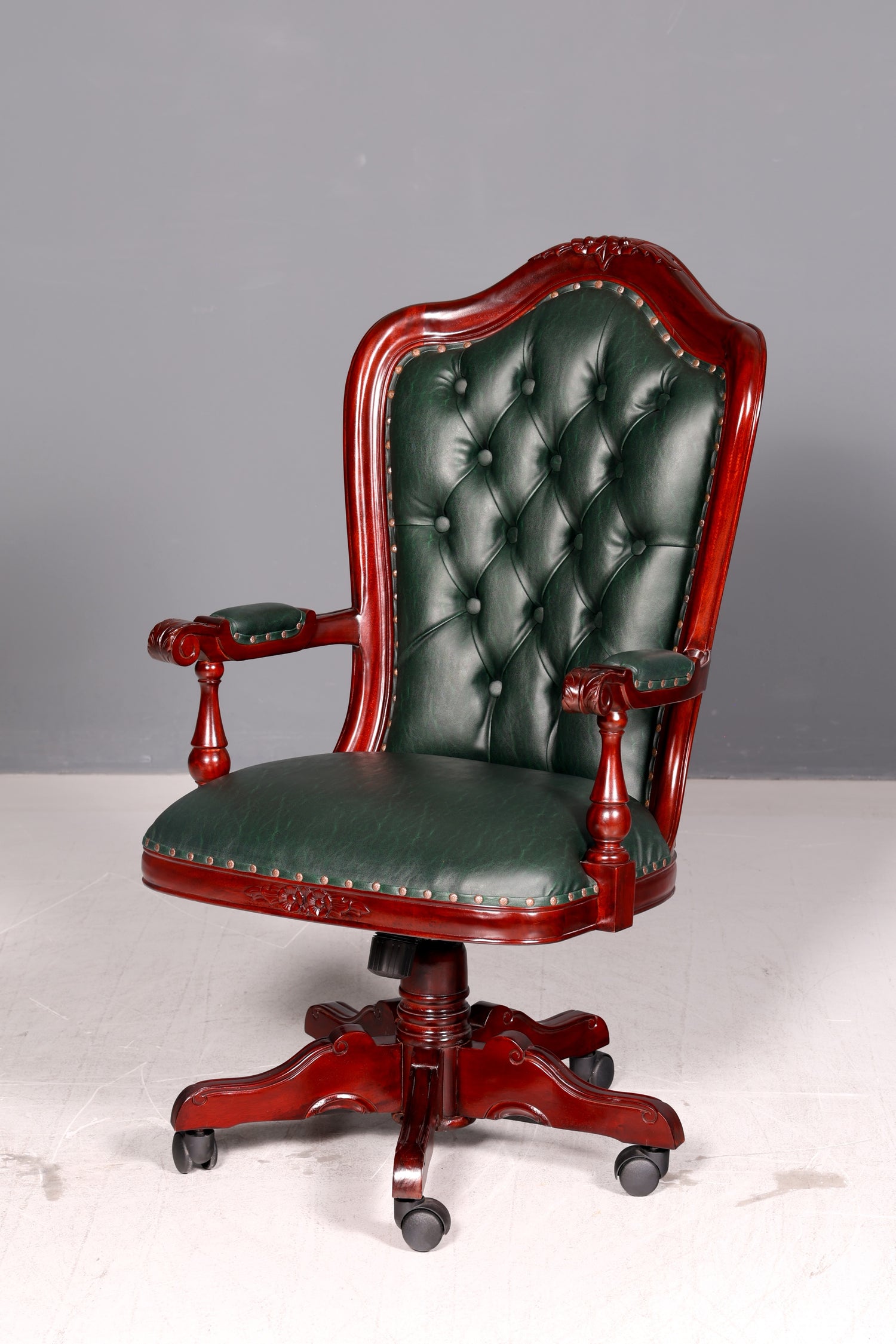 Luxe Chesterfield-bureaustoel voor directie, groen mahonie, bureaustoel, draaistoel, Engelse vintage stijl