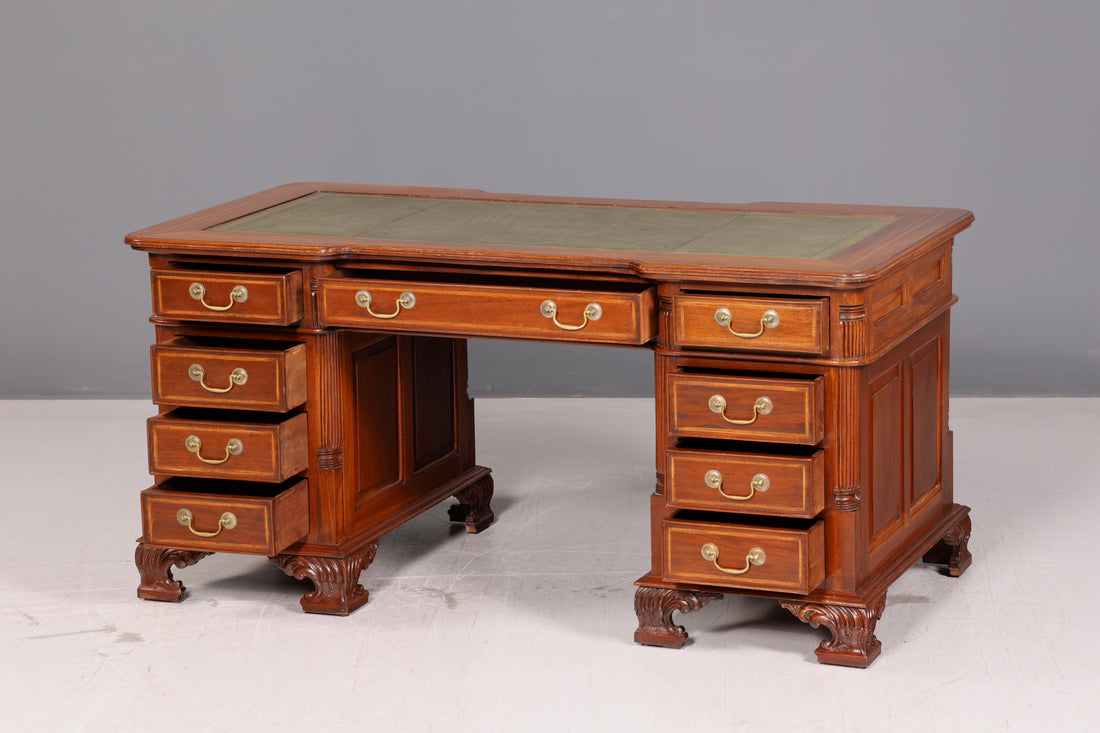 Prachtig Engels bureau met echt leren blad, kantoortafel, bureautafel, antiek, vintage