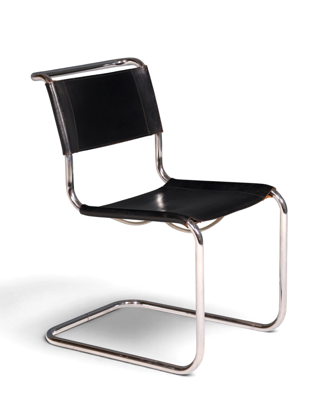 Hauptstadt Möblerei Original Thonet Freischwinger Stuhl aus schwarzem Leder mit verchromtem Stahlrohrgestell