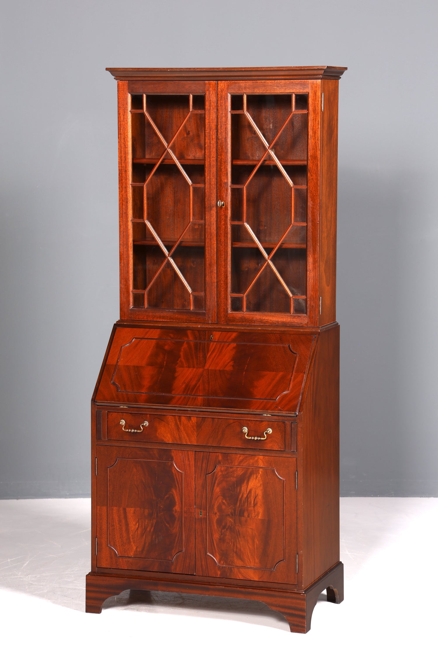 Beautiful English secretary desk, antique 1960s mahogany display cabinet, UK