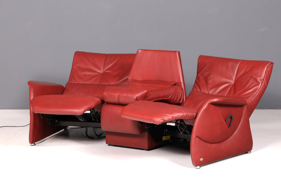 Stijlvolle Himolla-leren bank, trapezebank voor 3 personen, echt rood leer, relaxbank, bank, elektrisch verstelbaar, vintage