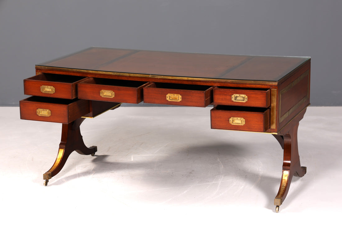 F939 Finish Edler Maritimer Schreibtisch Englischer Military Chest Bürotisch Office Table mit echt Lederauflage