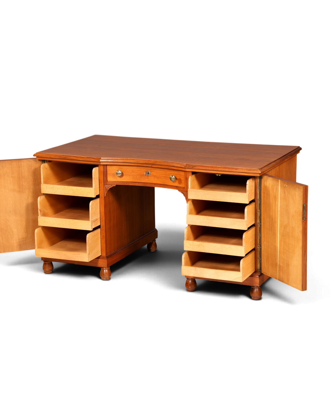 Hauptstadt Möblerei antik Jugendstil Schreibtisch aus Eiche mit offenen Schubladen und warmer Holzmaserung