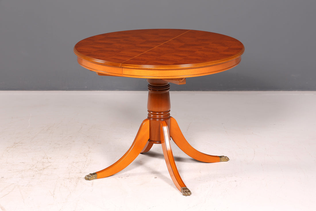 Prachtige Engelse eettafel van taxushout, uitschuifbaar, rond, eetkamertafel, keukentafel, antiek, vintage