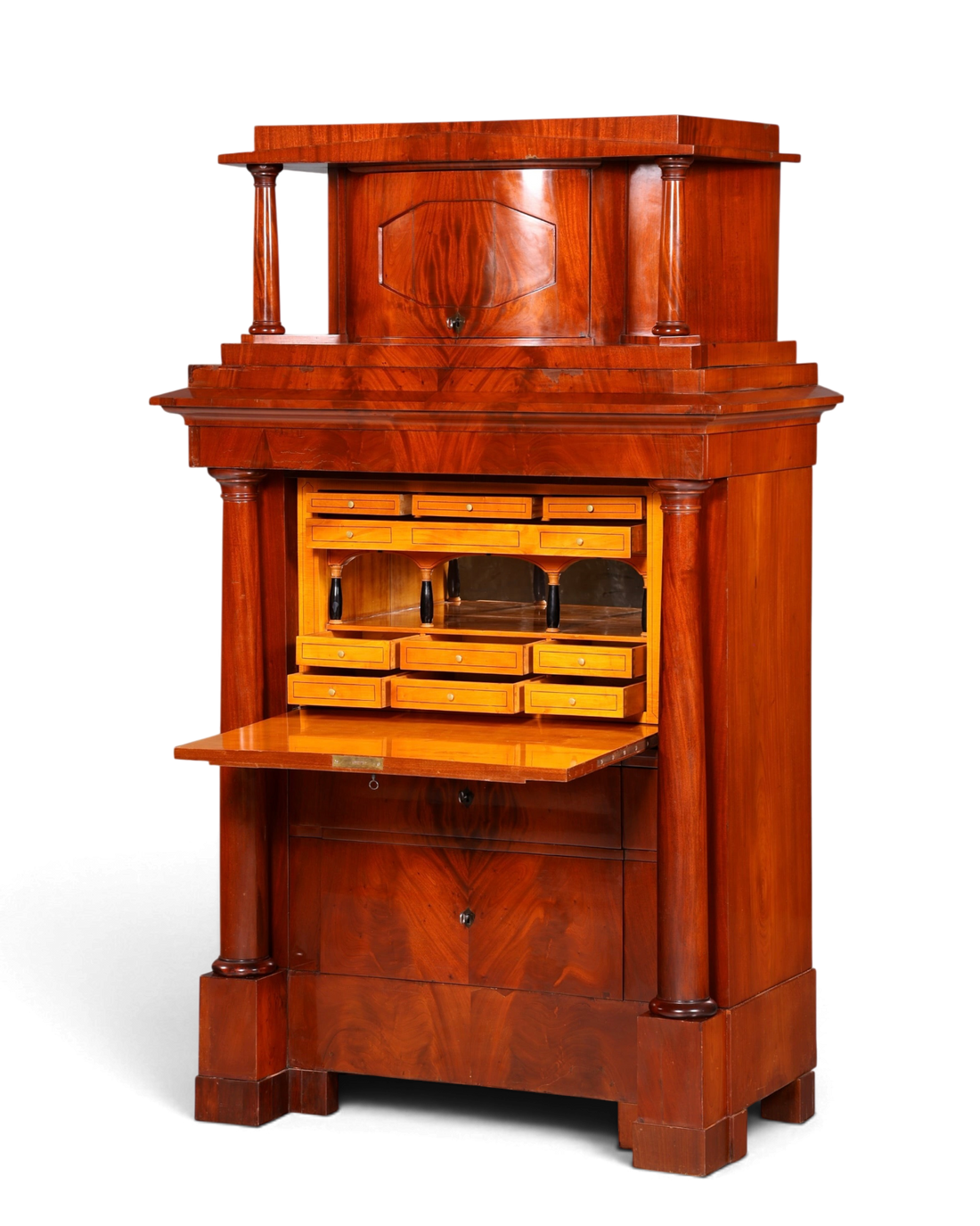 Hauptstadt Möblerei orijinal 1860 Biedermeier sekreter, masif ahşap, sütun detaylı ve açılır yazı masalı antika büro dolabı.