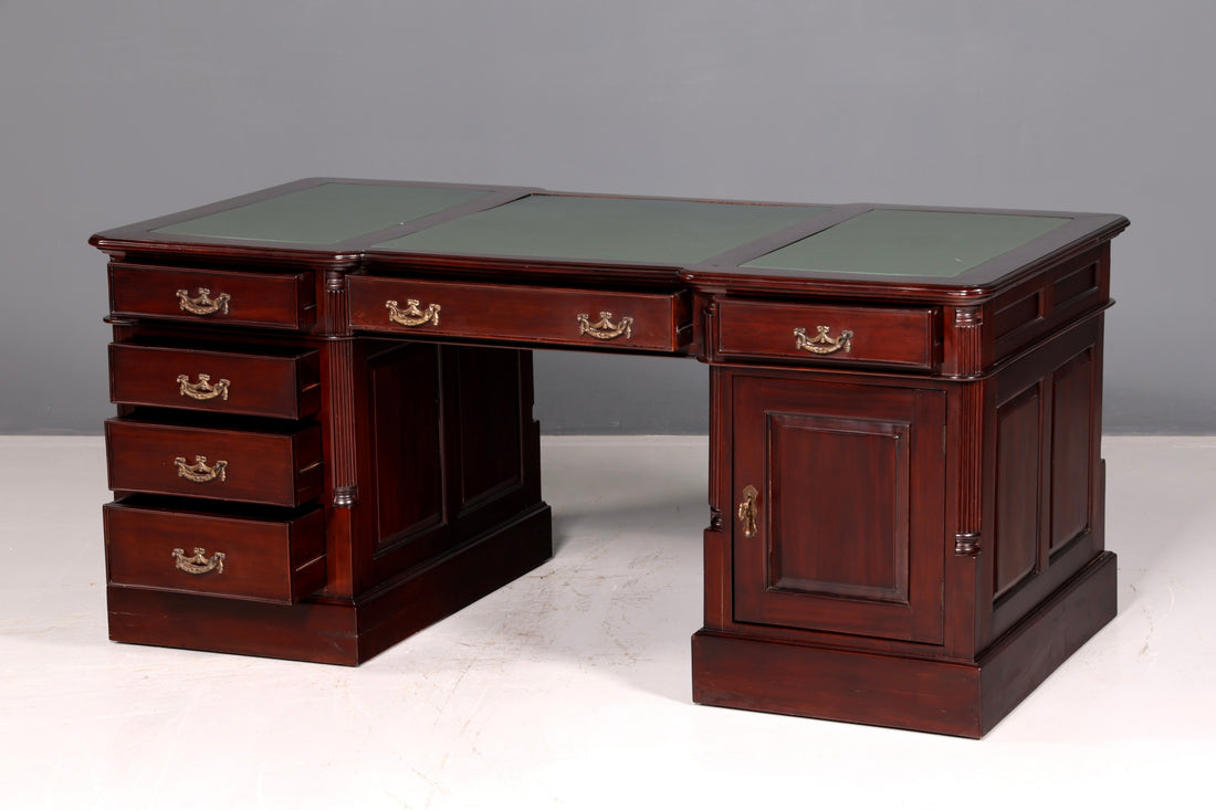 Prachtig Engels bureau van mahonie met echt leren blad, kantoortafel, partnerbureau, bureautafel, antiek, vintage