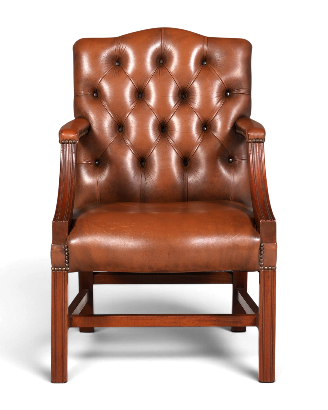 Hauptstadt Möblerei Chesterfield Armlehnstuhl aus braunem Echtleder mit klassischer Knopfheftung und Holzgestell