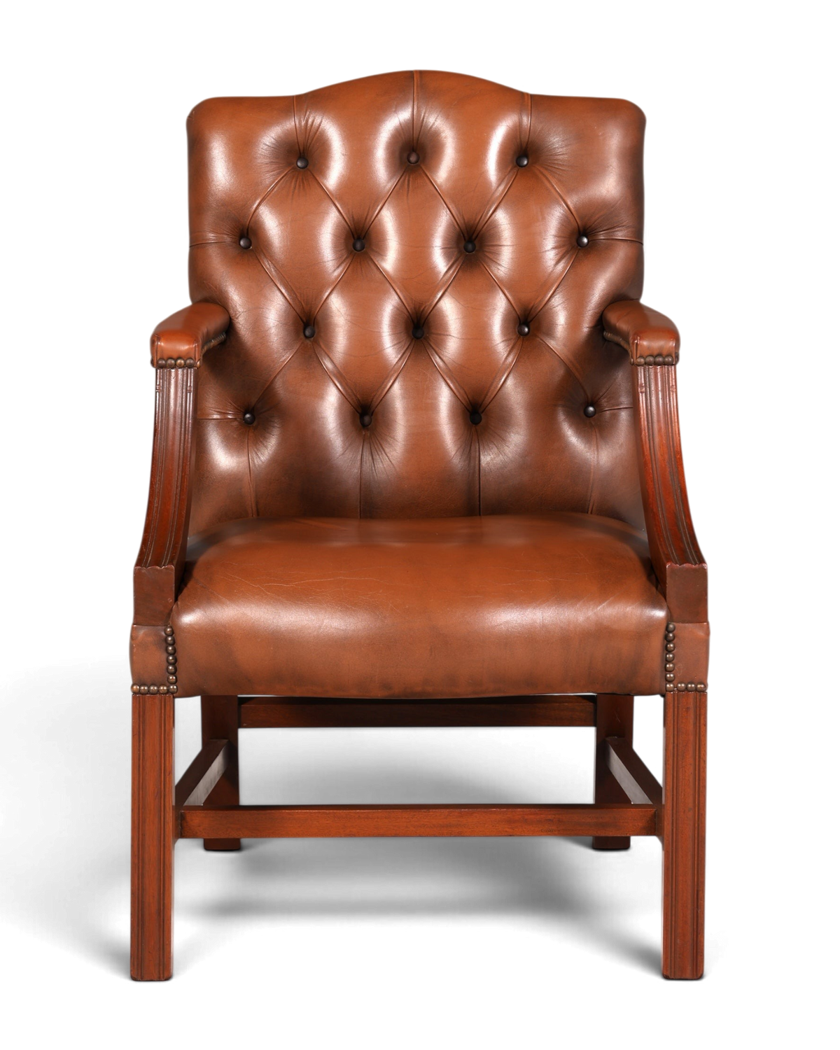 Hauptstadt Möblerei Chesterfield Armlehnstuhl aus braunem Echtleder mit klassischer Knopfheftung und Holzgestell