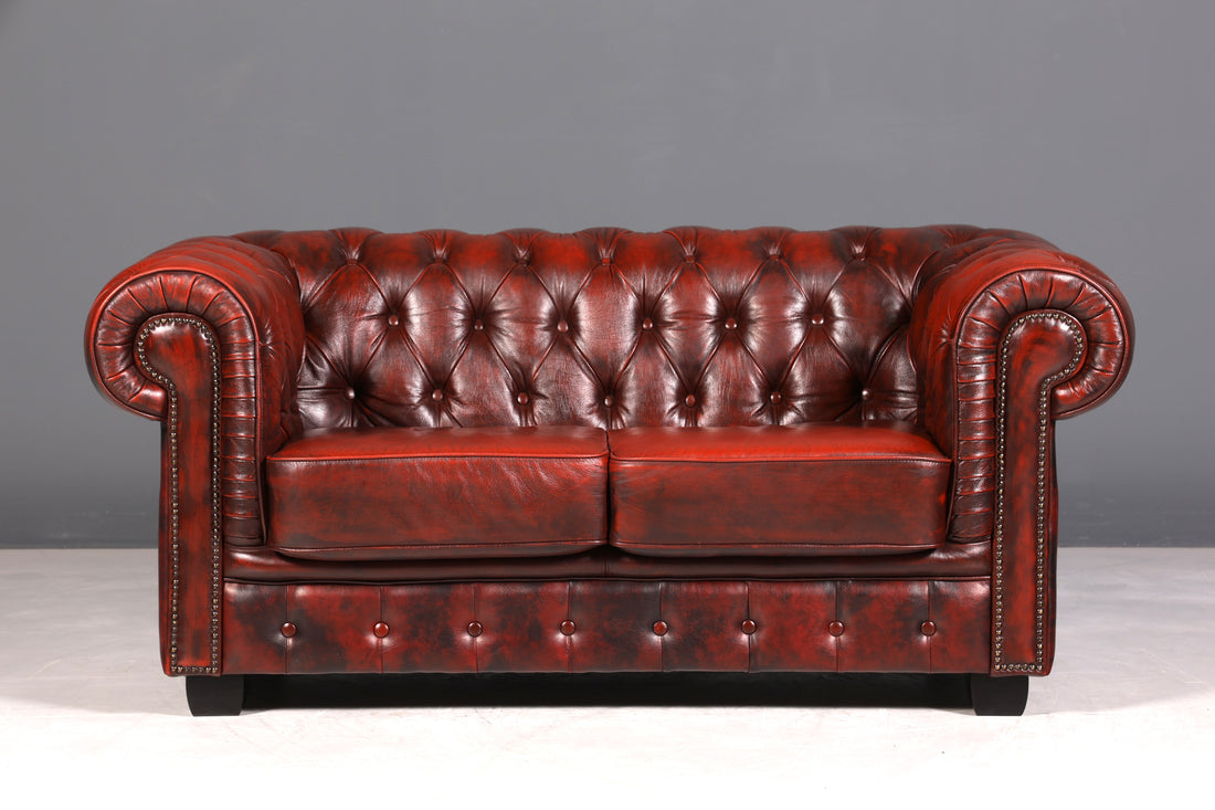 F953 Finish cm Wunderschönes Original Chesterfield 2er Sofa Englisch Oxblood Leder 2- Sitzer Couch