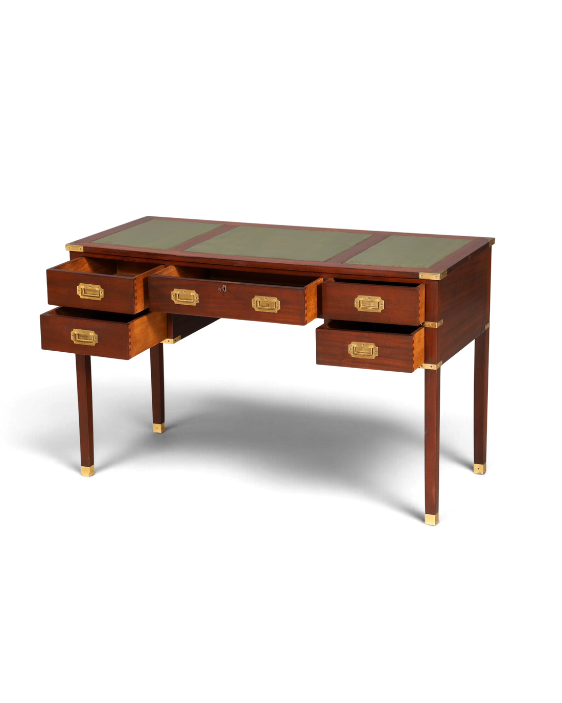 F945 Finish Edler Maritimer Schreibtisch Englischer Military Chest Bürotisch Office Table mit echt Lederauflage