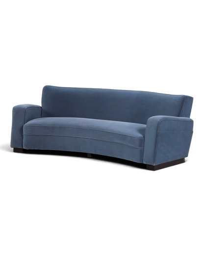 Hauptstadt Möblerei H872 Sofa in geschwungenem Design mit blauem Samtbezug und schwarzen Holzfüßen