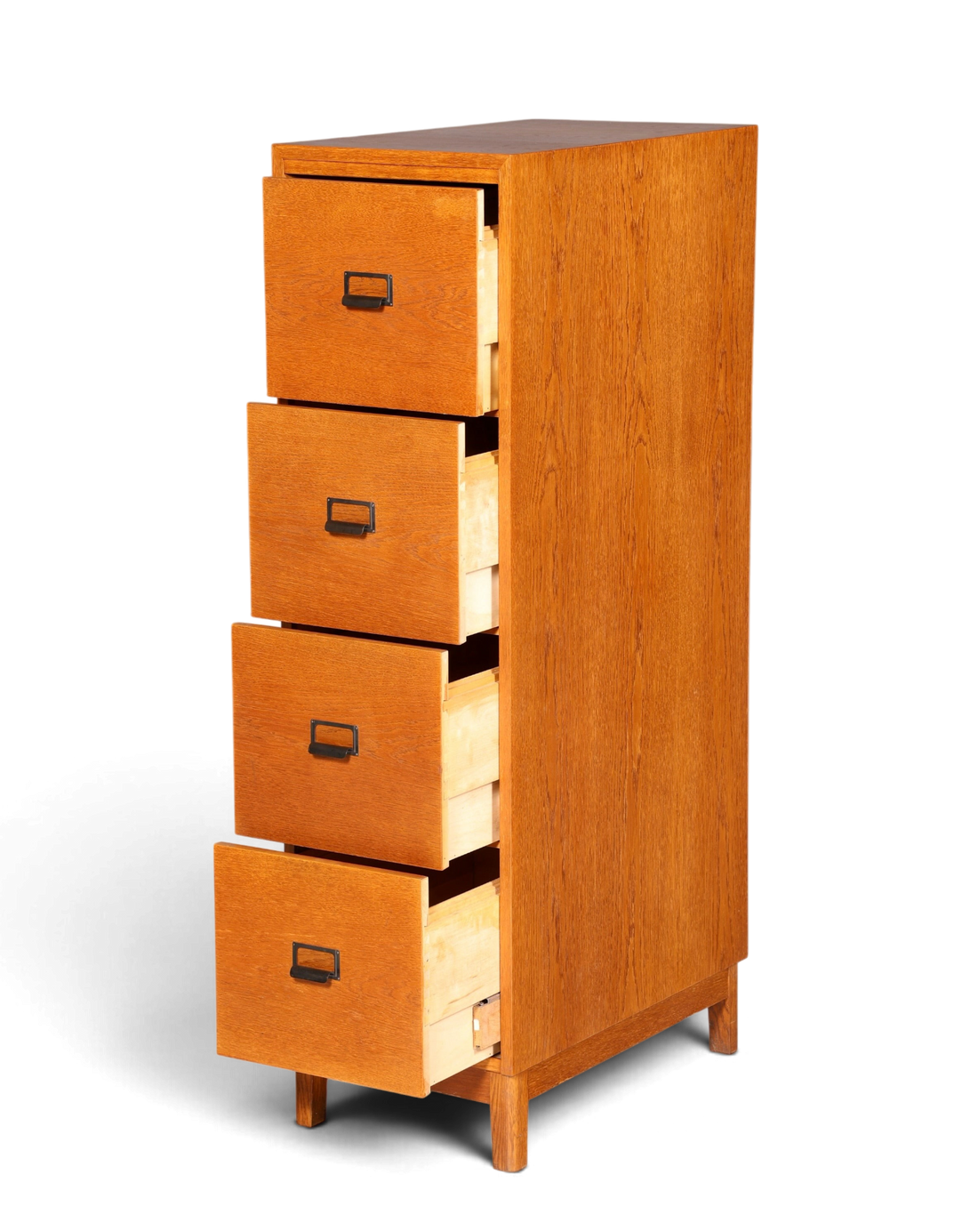 Hauptstadt Möblerei Mid Century Aktenschrank aus massivem Holz mit vier Schubladen im Bauhaus-Stil