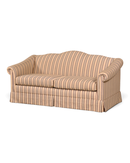 Hauptstadt Möblerei Drexel Heritage 3-Sitzer Sofa mit klassischem beigem Streifenmuster und geschwungener Rückenlehne