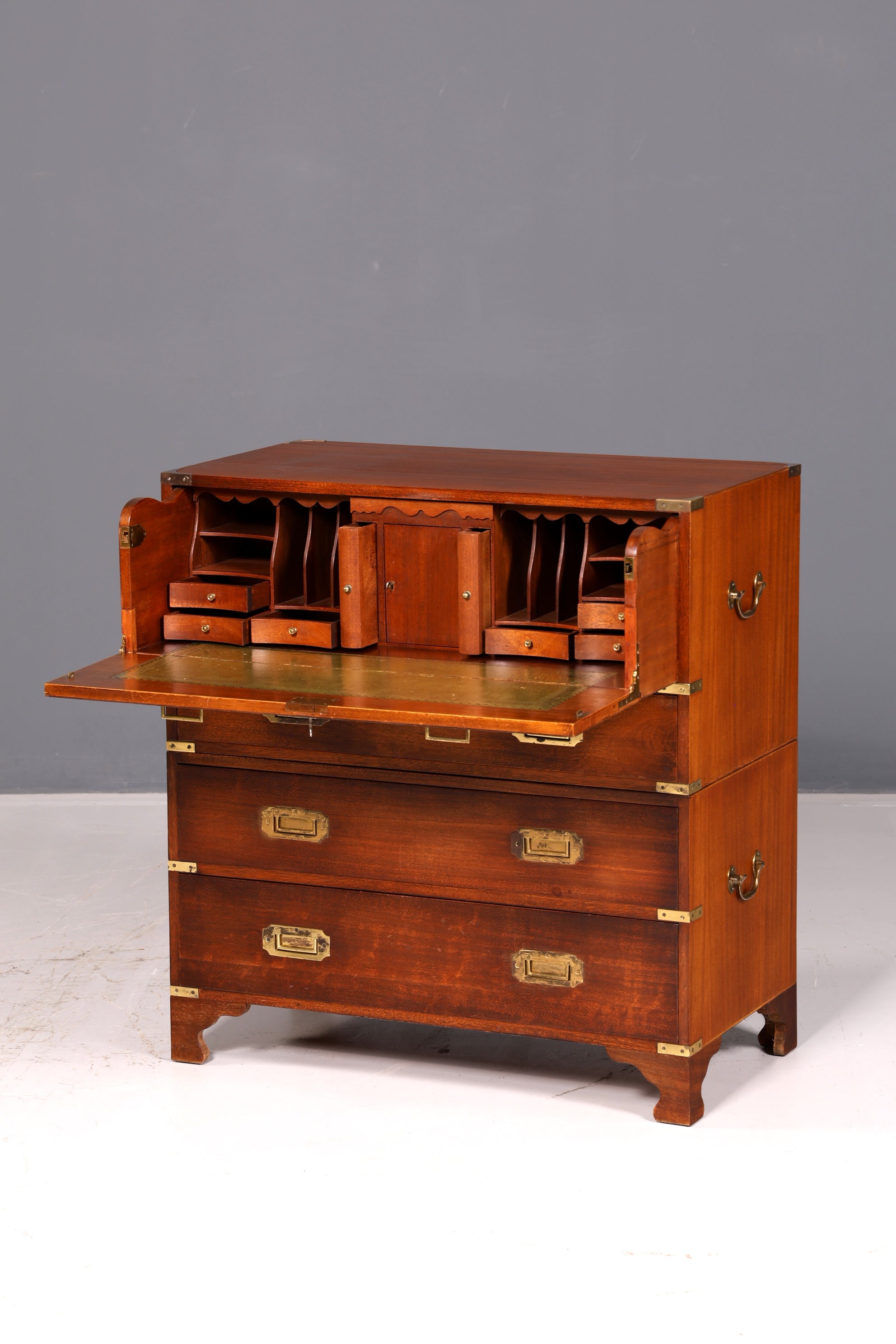 Prachtige maritieme Engelse secretaire-schrijfcommode met echt leren blad, antiek vintage