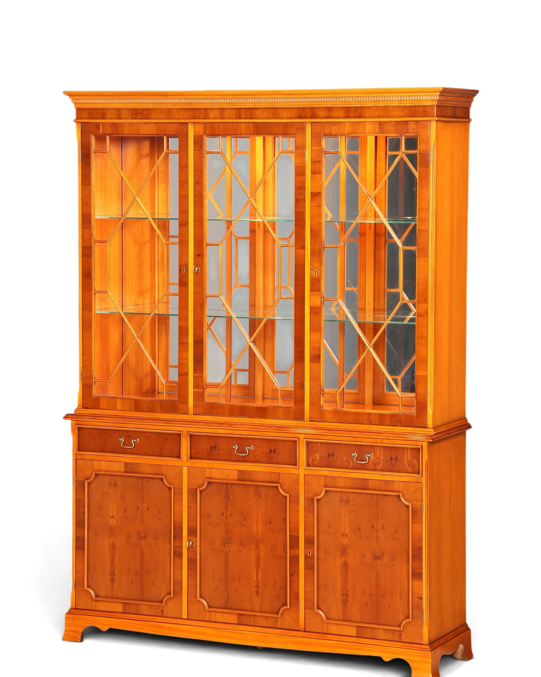 Hauptstadt Möblerei englische Vitrine aus Holzfurnier mit verglasten Türen, Innenbeleuchtung und drei Schubladen
