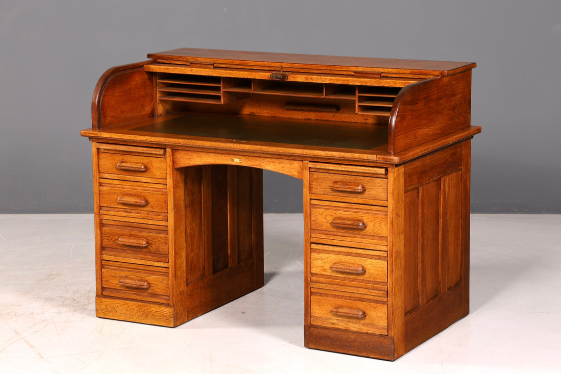 Prachtige secretaire in Bauhaus-stijl, rolluiksecretaire, art-deco-bureau, kantoortafel, vintage