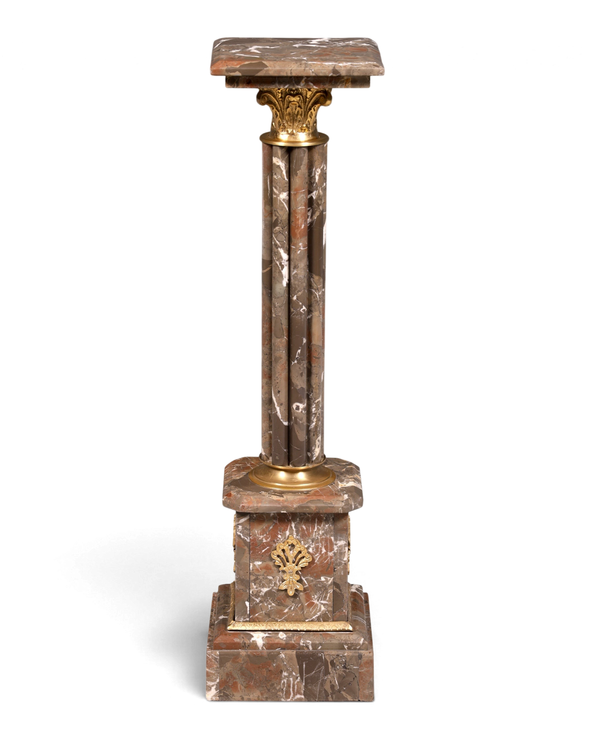 Hauptstadt Möblerei H900 Säule aus braunem Marmor mit goldenen Verzierungen und quadratischer Ablagefläche