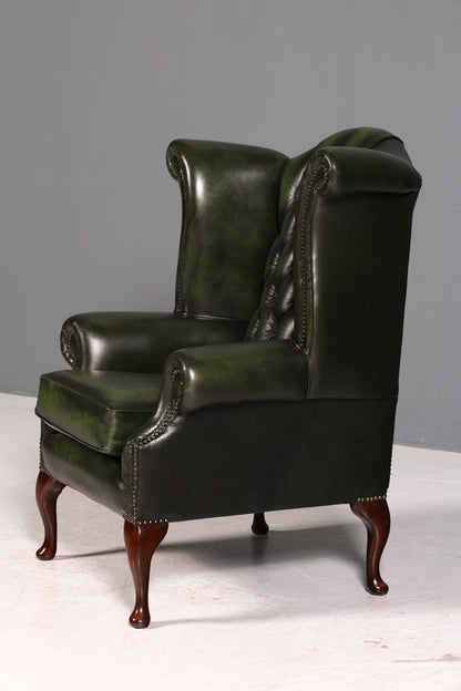 Wunderschöner Original Chesterfield Ohrensessel Grün Echt Leder Kingsgate Englisch Ohrenbackensessel Herrensessel UK