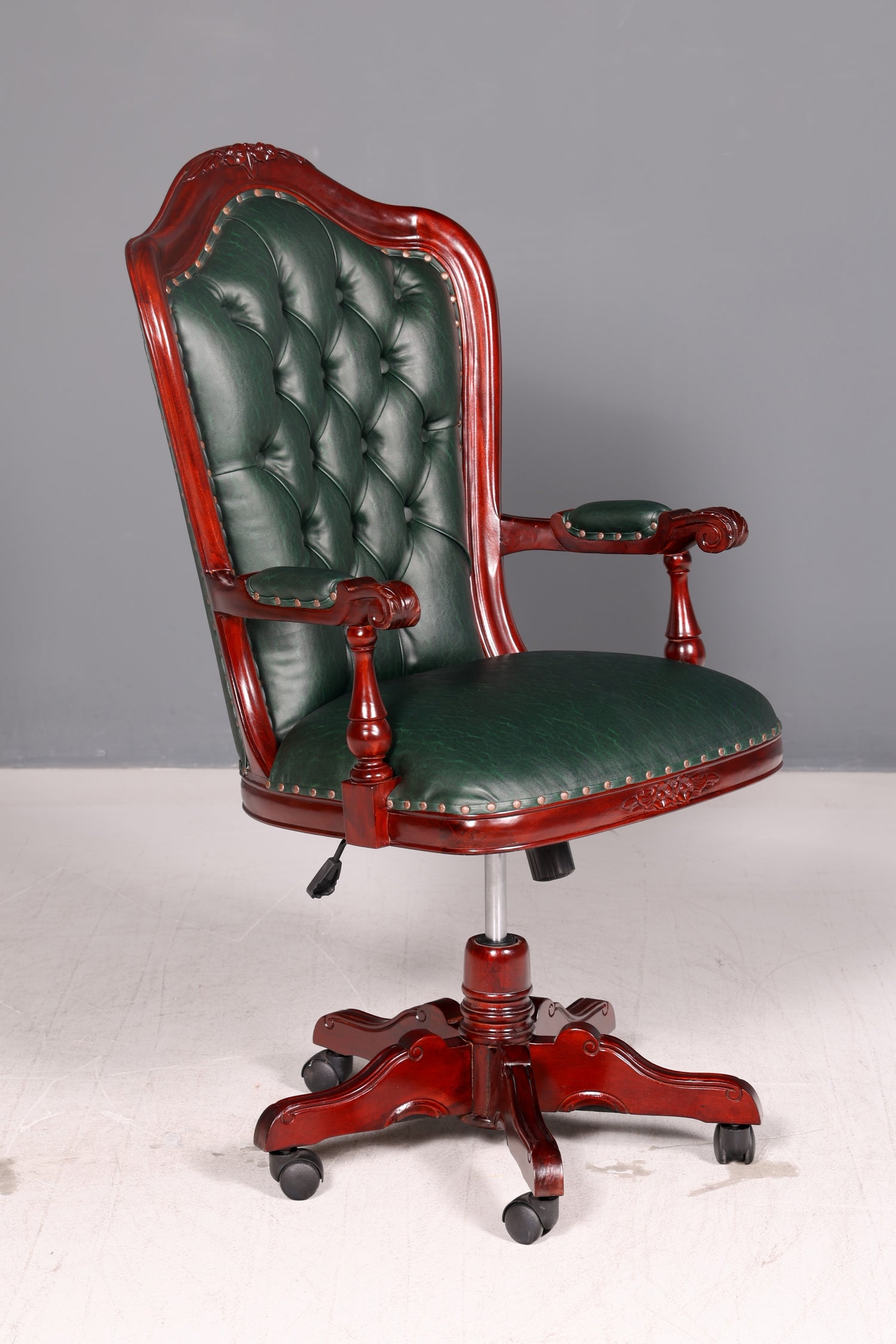 Luxe Chesterfield-bureaustoel voor directie, groen mahonie, bureaustoel, draaistoel, Engelse vintage stijl