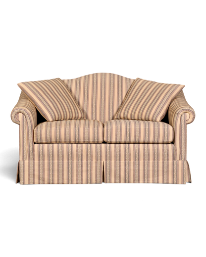 Hauptstadt Möblerei Drexel Heritage 2-Sitzer Sofa mit klassischem Streifenmuster in Beige und Blau vor grauer Wand