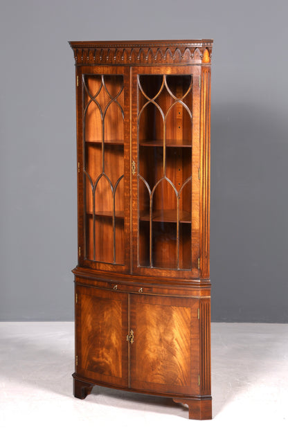 Wunderschöne Georgischer Eckvitrine Mahagoni Antik 50s echt Holz Schrank Englisch Eckschrank Glasvitrine