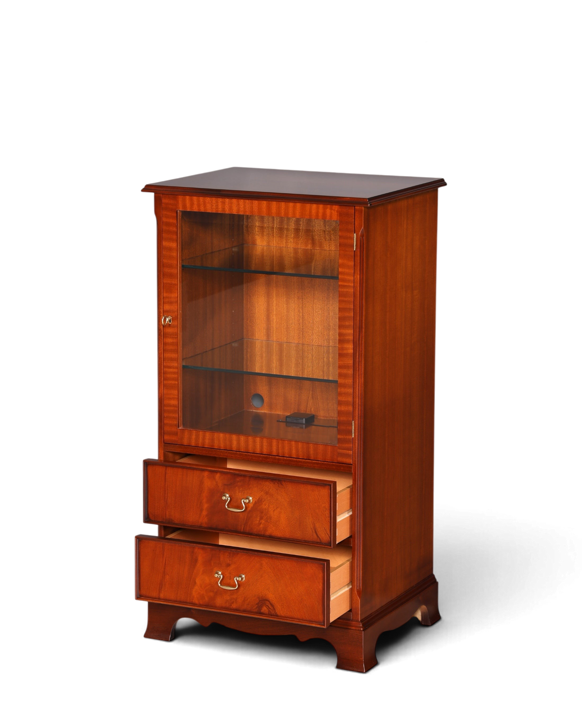 Hauptstadt Möblerei englische Mahagoni Vitrine aus den 60ern mit zwei Schubladen und Glasfront