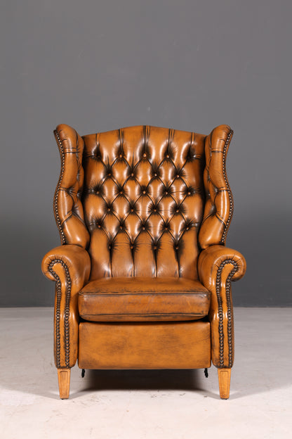 Prachtige originele Chesterfield-oorfauteuil van echt Engels leer, herenfauteuil, relaxfauteuil met ligfunctie, vintage