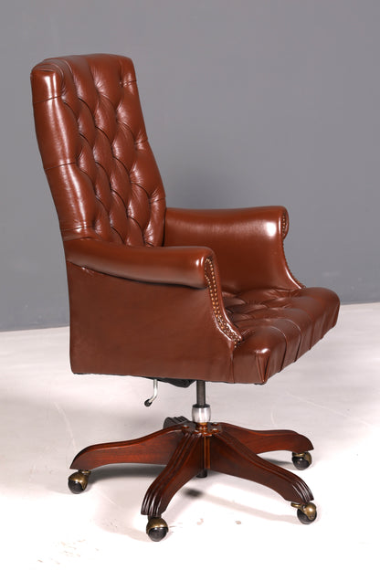Elegante Chesterfield-directiestoel, bureaustoel van echt leer, bruin, draaistoel, werkstoel, kantoorstoel