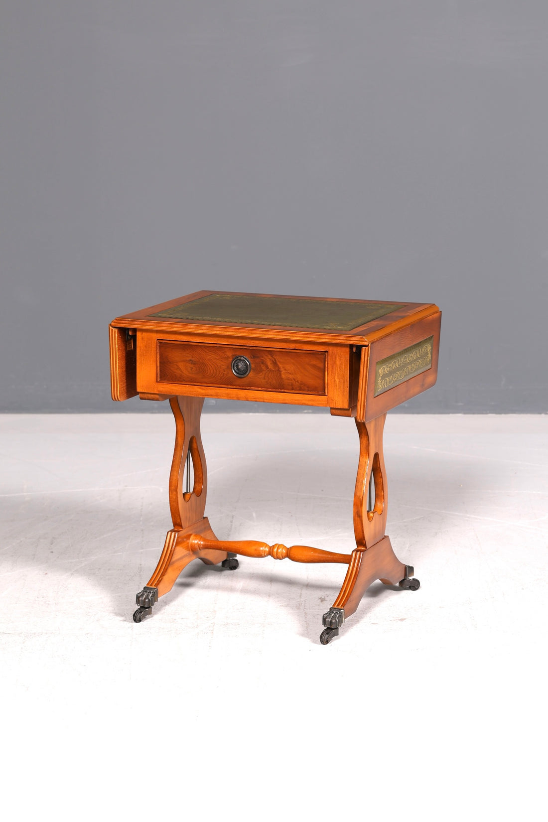 Noble English Folding Table Side Table Yew Genuine Leather Top Antique Side Table Vintage Rolling Table Living Room