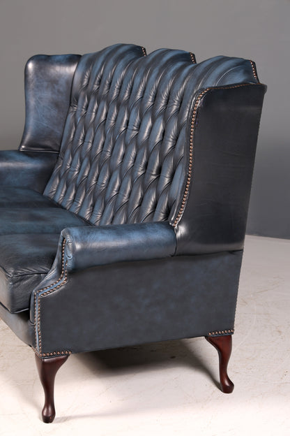 Wunderschönes Original Chesterfield 3-Sitzer Sofa Queen Anne Blau Englische Leder Couch England Polstersofa