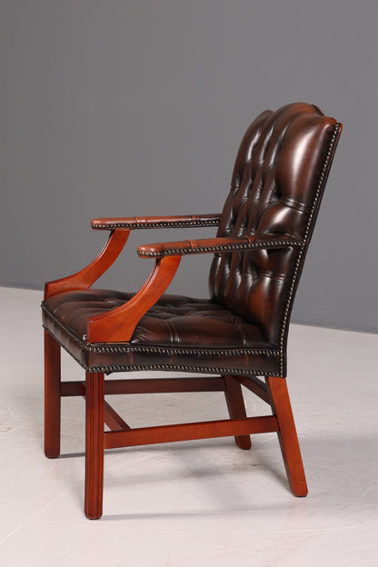 Wunderschöner Original Chesterfield Armlehnstuhl Braun Echt Leder Englisch Herrensessel Schreibtischstuhl Bürostuhl Antik