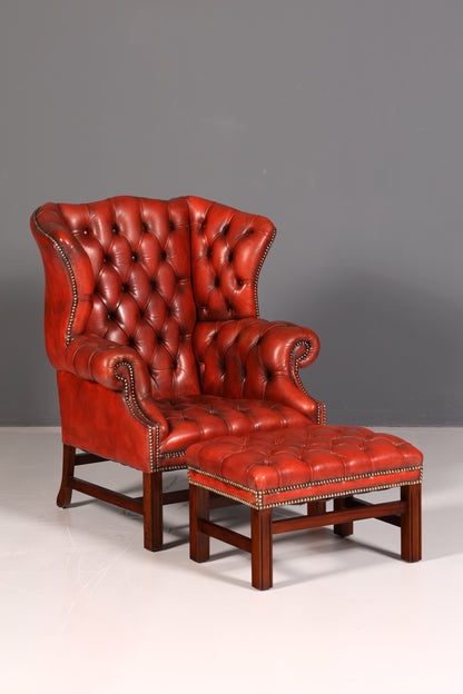 Originele Chesterfield-oortfauteuil met hocker, echt leer, Engelse herenfauteuil, leren fauteuil, antiek, vintage
