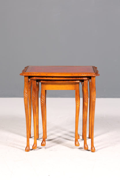 Wunderschöner Chippendale 3er Satz Beistelltisch Set Barock Stil echt Lederauflage Ablagetisch Set Tisch Set