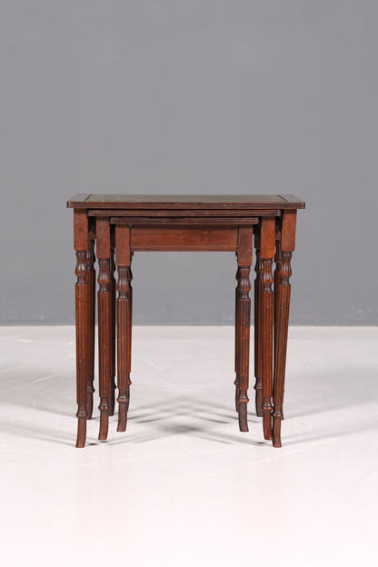 Filigranes Englisches Tisch Set Couchtisch Englisch Antik Stil 3er Satz echt Lederauflage Ablagetisch Holz Beistelltisch