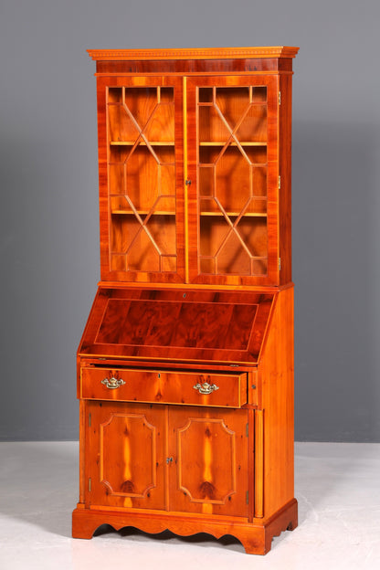 Stylish English secretary desk, office desk, yew wood, antique style, genuine leather top, display cabinet, UK