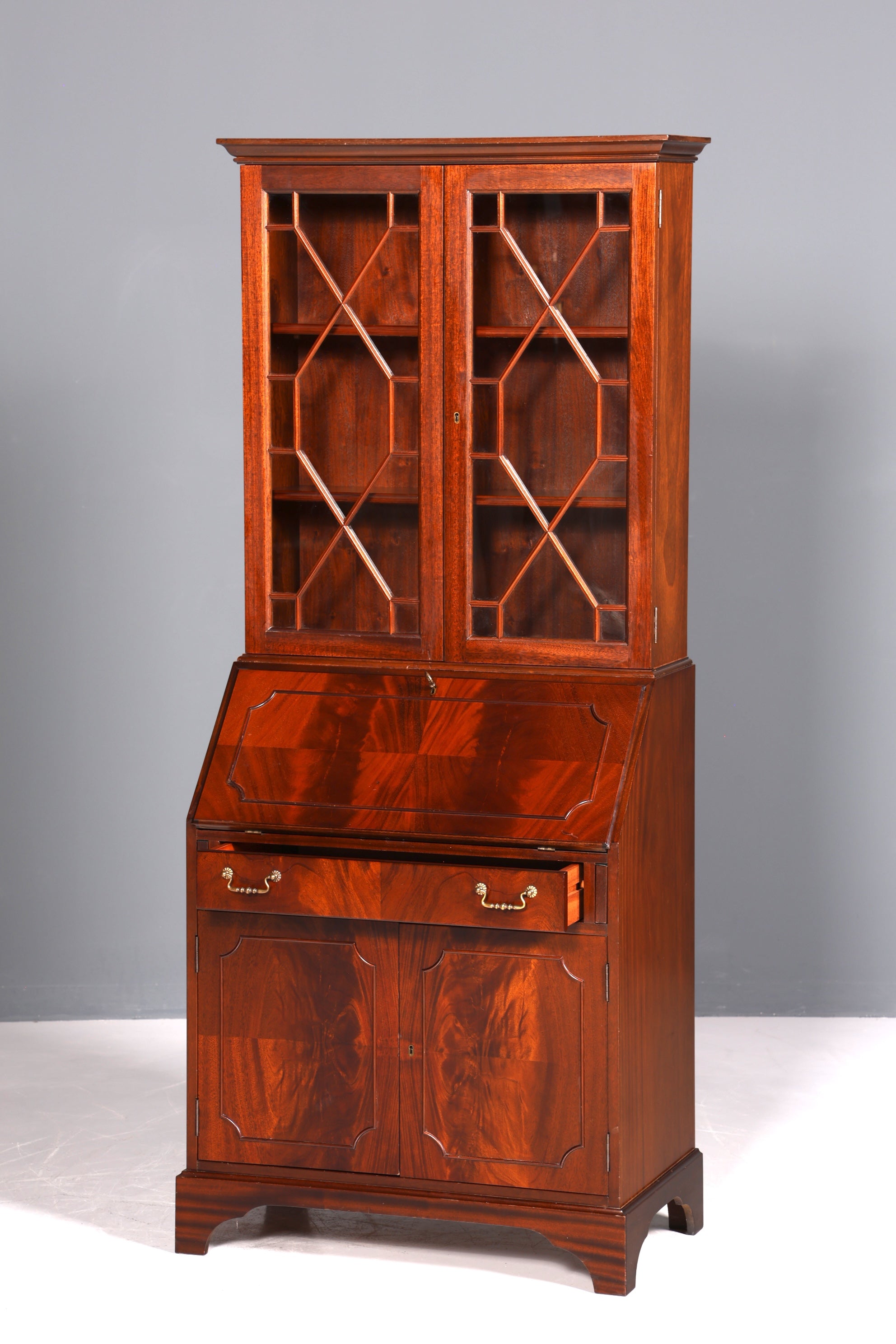 Beautiful English secretary desk, antique 1960s mahogany display cabinet, UK