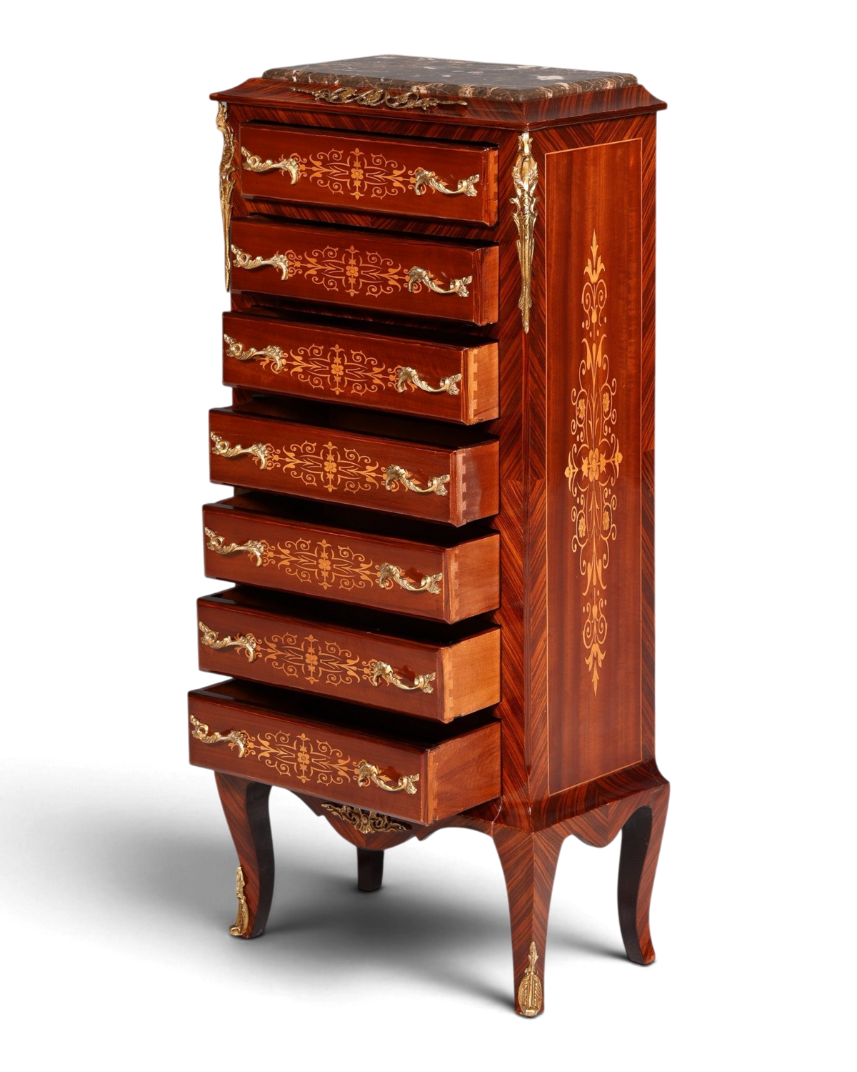 Wunderschönes Barock Stil Louis XV Highboard Marmor Vertiko Intarsien Kommode