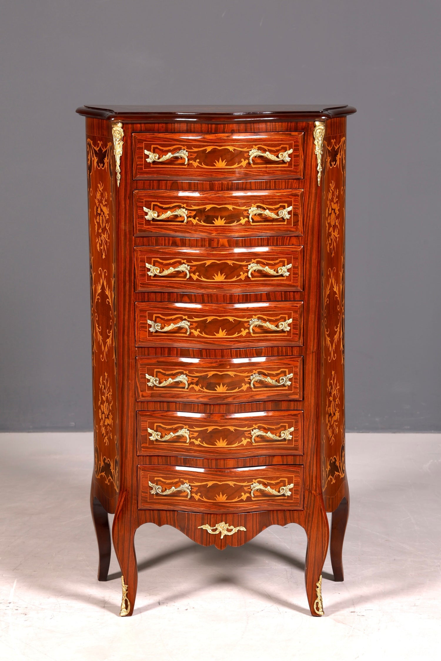 Stilvolles Barock Stil Louis XV Highboard Intarsien Vertiko Kommode Schubladenkommode