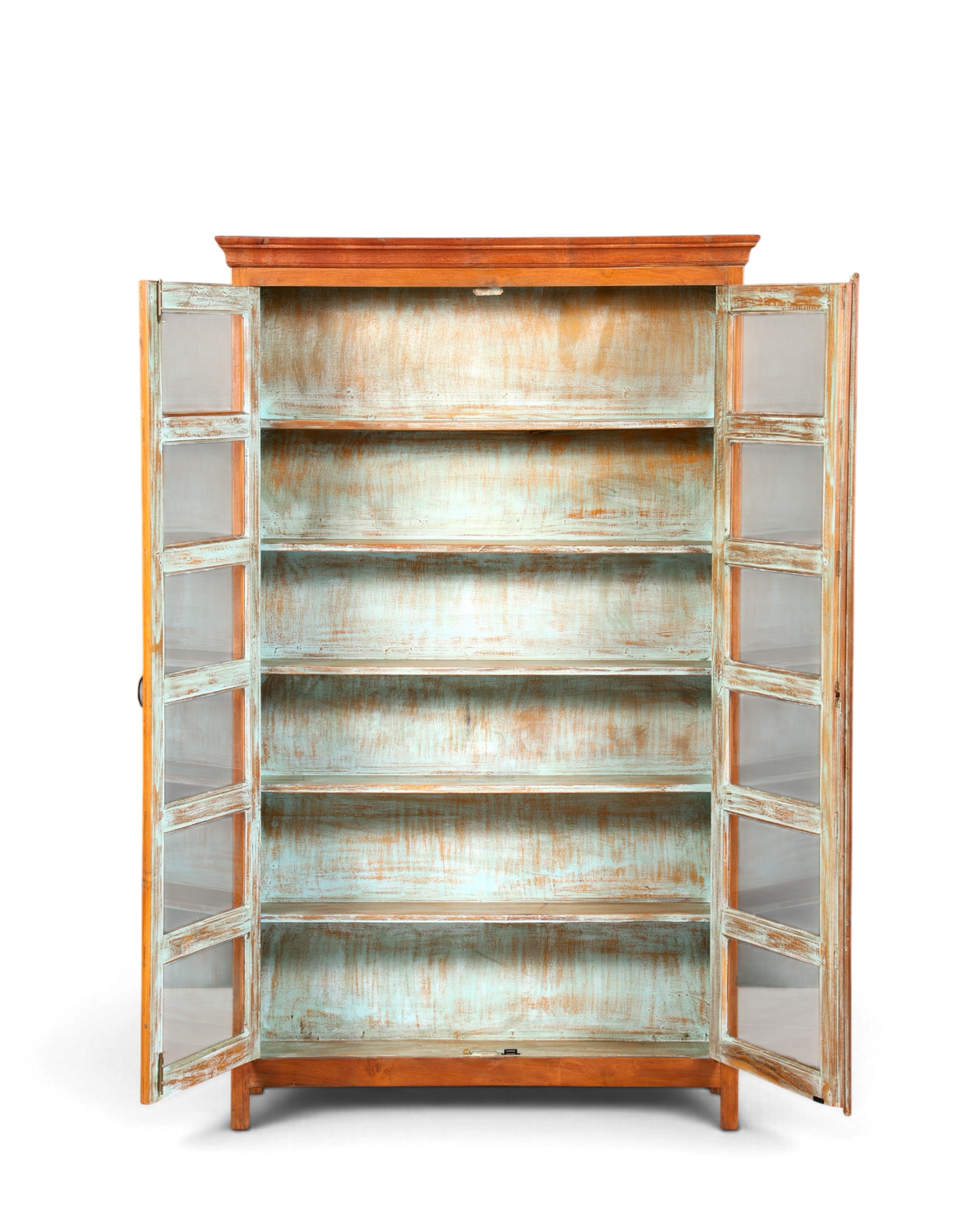Hauptstadt Möblerei Vitrine aus massivem Holz im Kolonialstil mit hellblauer Patina und verglasten Türen
