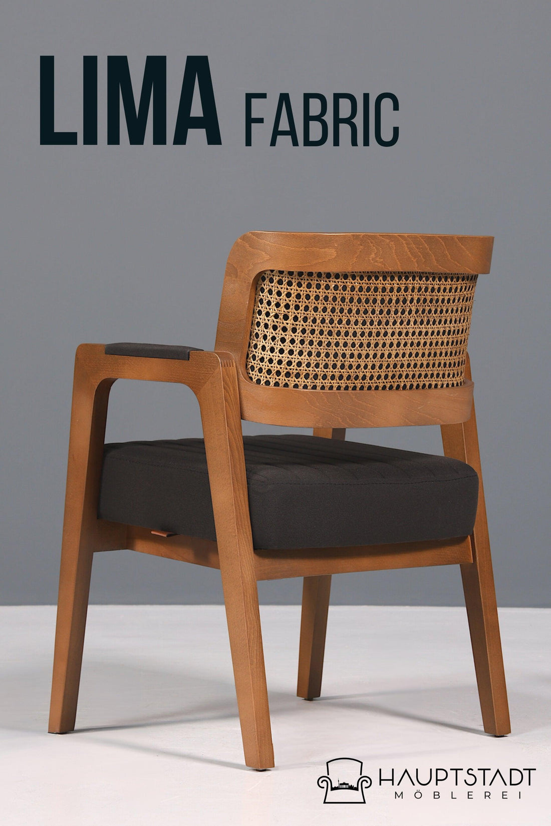 Edler Armlehnstuhl "LIMA" Esszimmerstuhl mit Korbgeflecht Schwarz Stoff Polsterstuhl Küchenstuhl