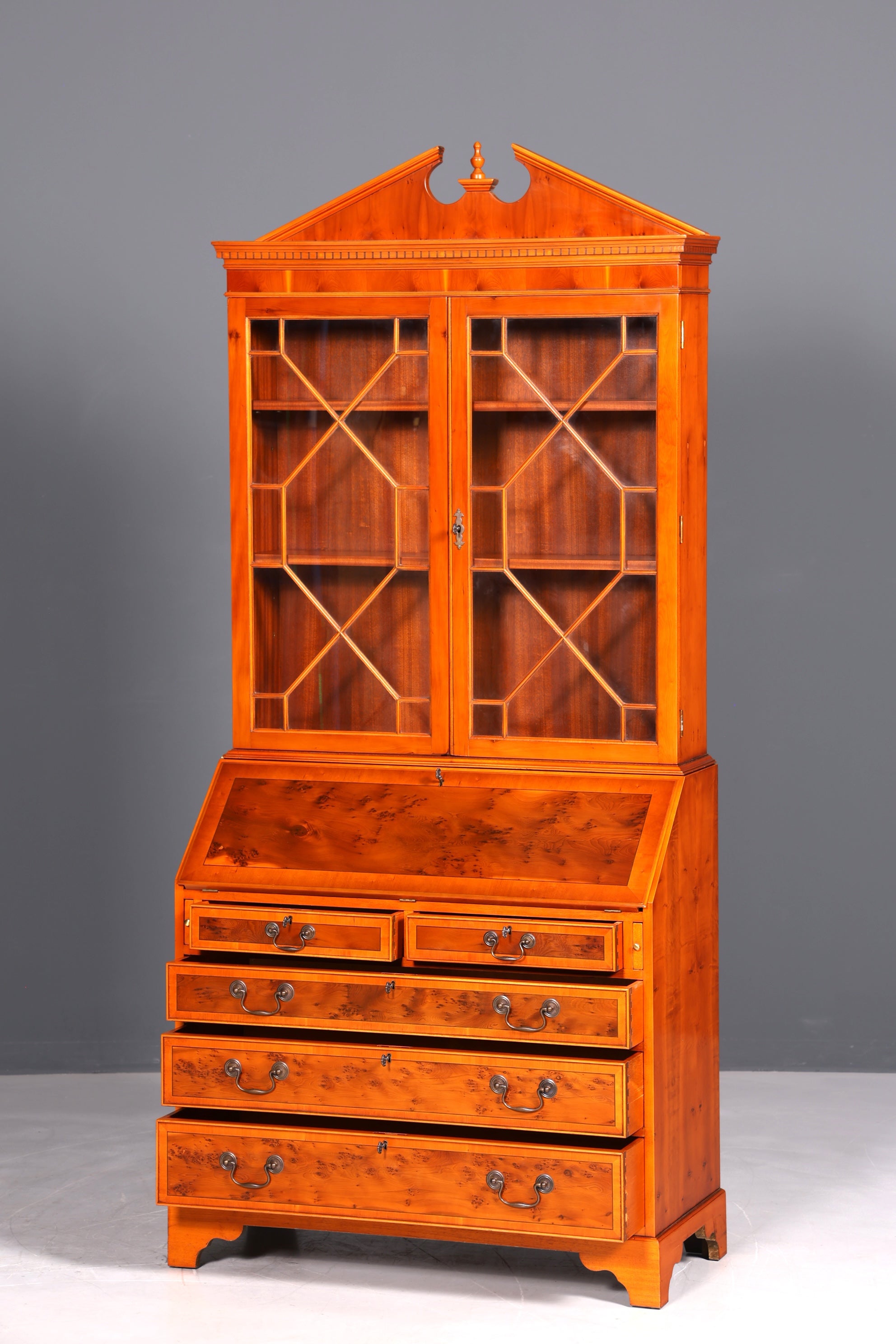 Stylish English secretary desk, office desk, yew wood, antique style, genuine leather top, display cabinet, UK